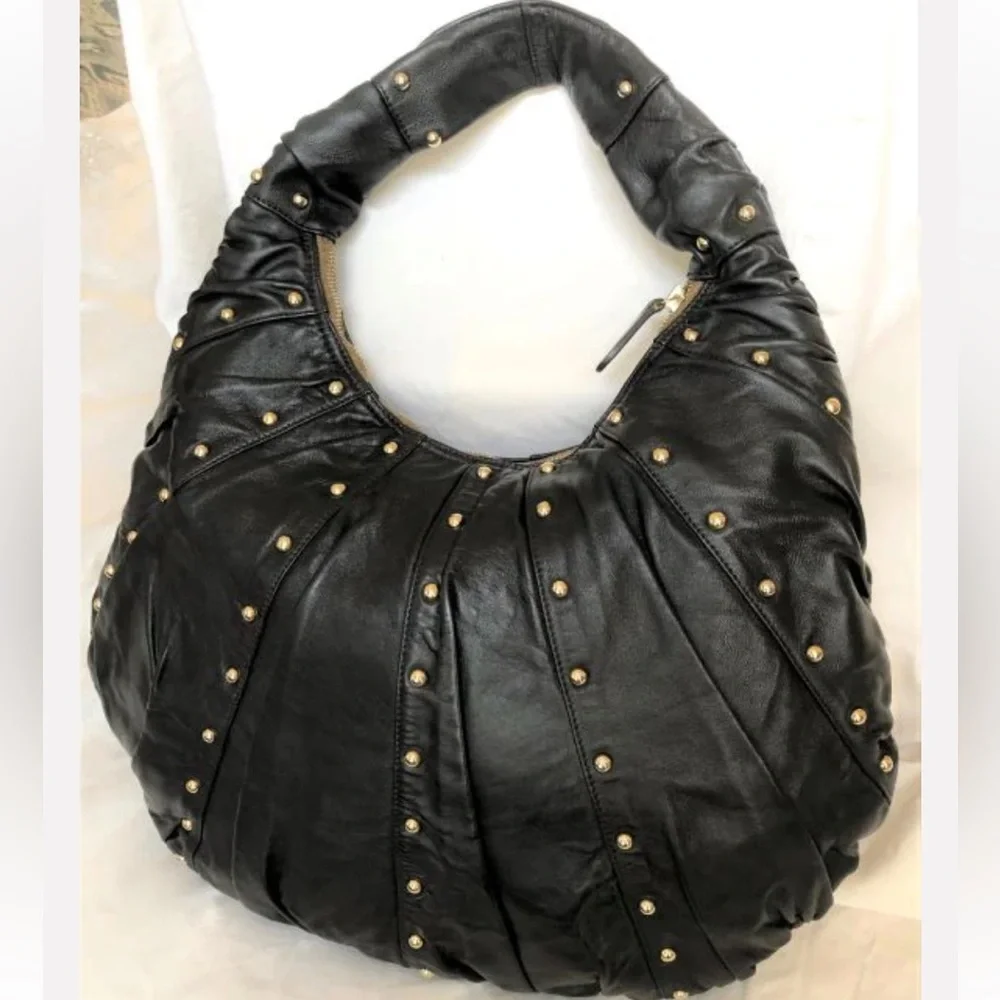 GOLDENBLEU black leather purse semi circular bag with gold tone studs all over